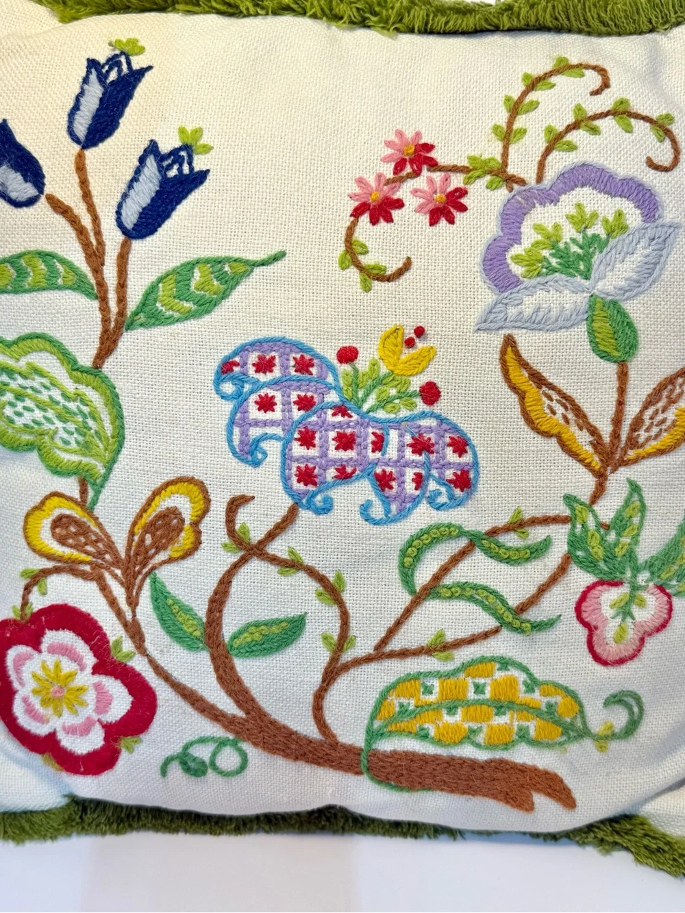 Crewel Embroidered Floral Throw Pillow Avocado Green Fringe Boho 70’s